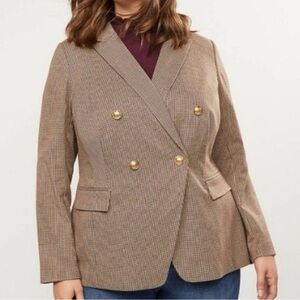 Lane Bryant 14 Double Breasted Blazer Brown Plaid Houndstooth Plaid Gold buttons